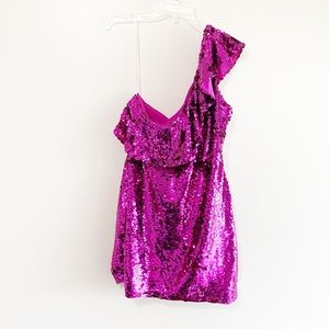 Leith One Shoulder Ruffle Pink Sequin Dress